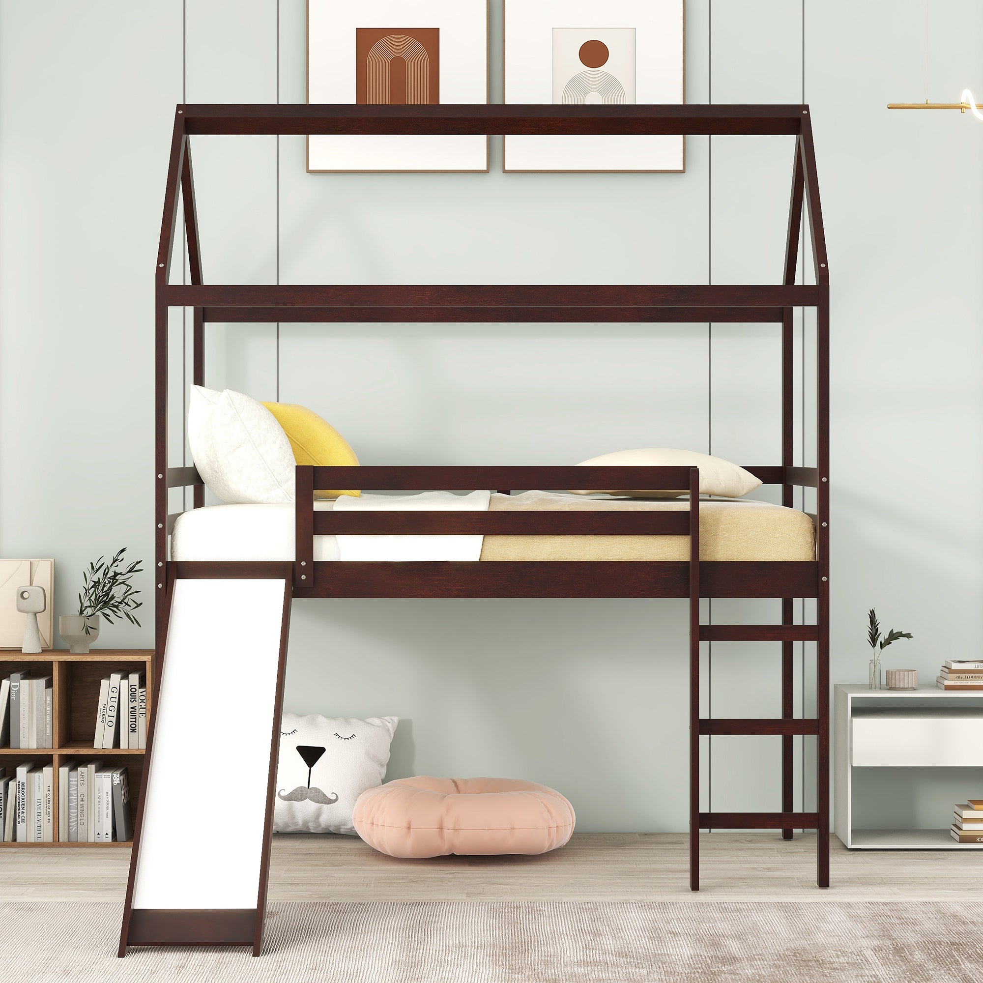 Twin Loft Bed with Slide, House Bed with Slide,Gray(OLD SKU :WF286245AAP) - Atlantic Fine Furniture Melbourne FL
