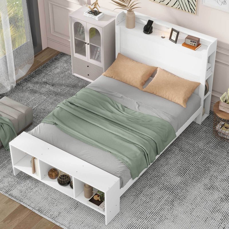 Full Size Platform Bed with built-in shelves, LED Light and USB ports, White