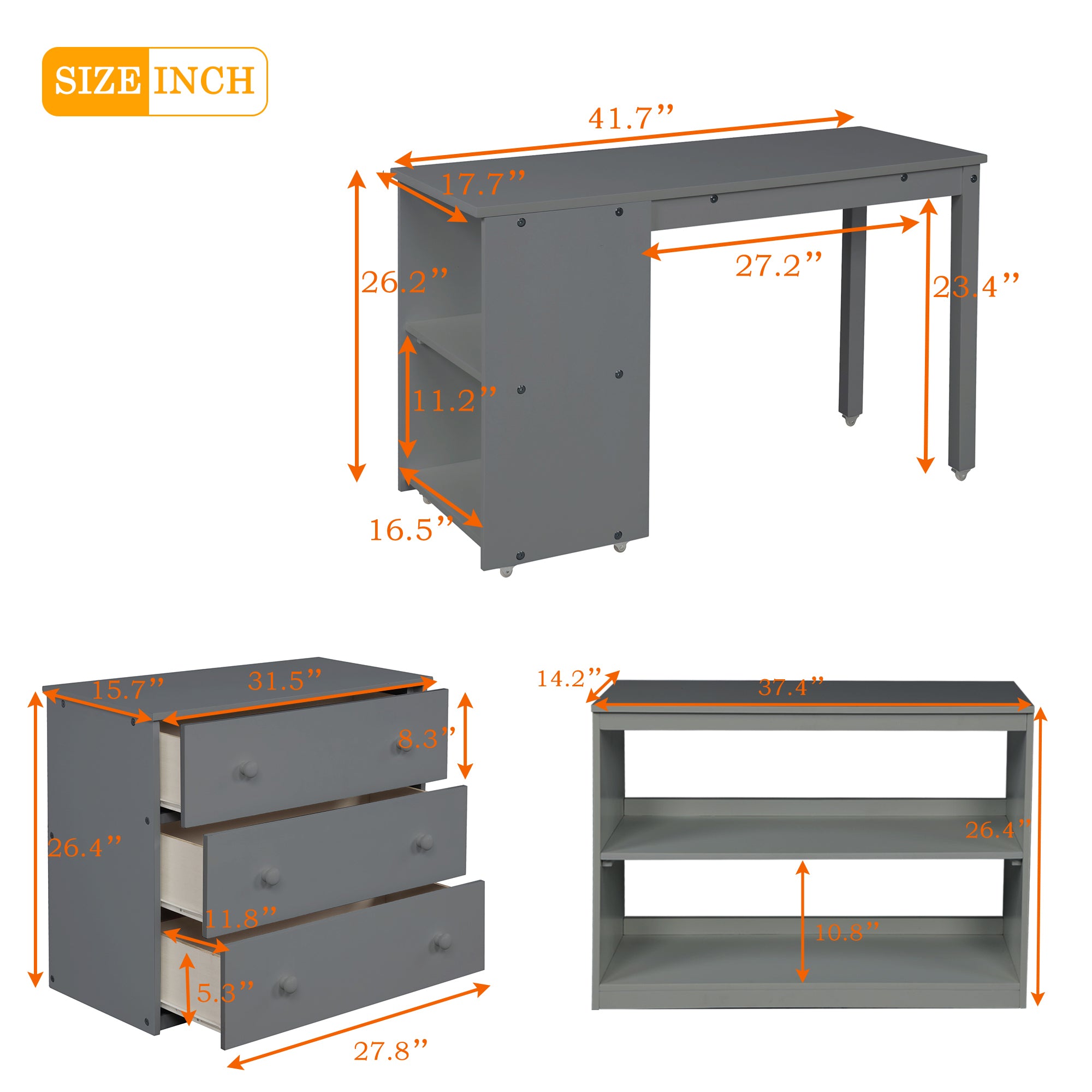 Low Study Twin Loft Bed with Cabinet and Rolling Portable Desk - Gray (OLD SKU :LP000113AAE) - Atlantic Fine Furniture Melbourne FL