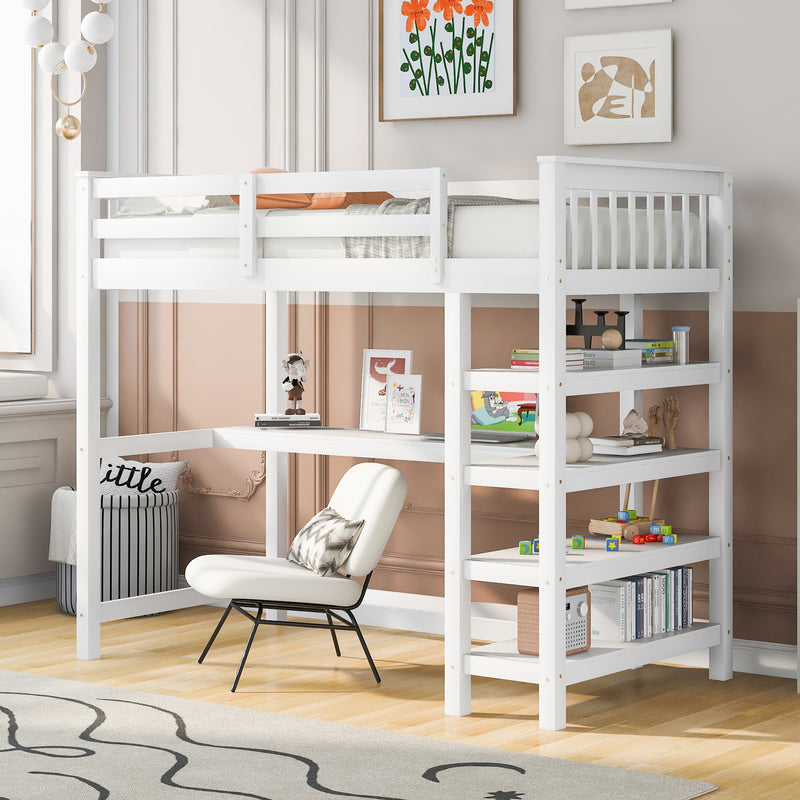 Twin Size Loft Bed with Storage Shelves and Under-bed Desk, White