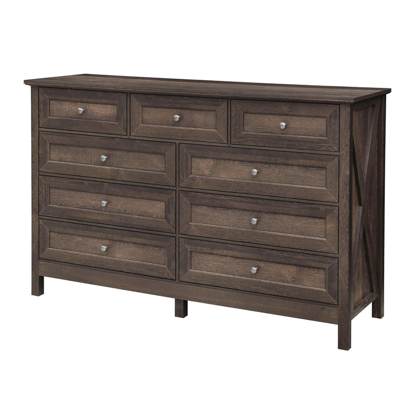 Rustic Storage Dresser With 9 Drawers And Silver Handle