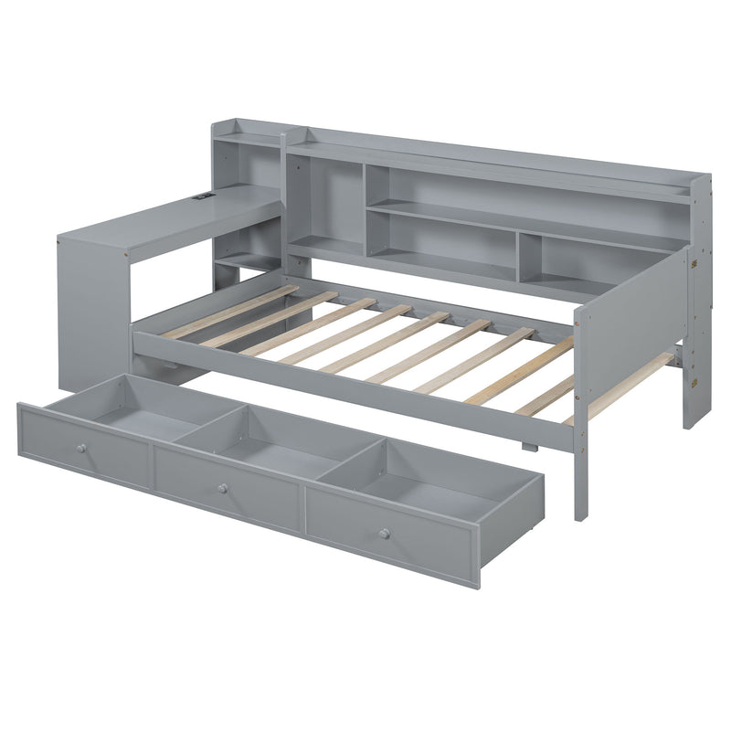 Wooden Daybed With 3 Drawers, USB Ports And Desk