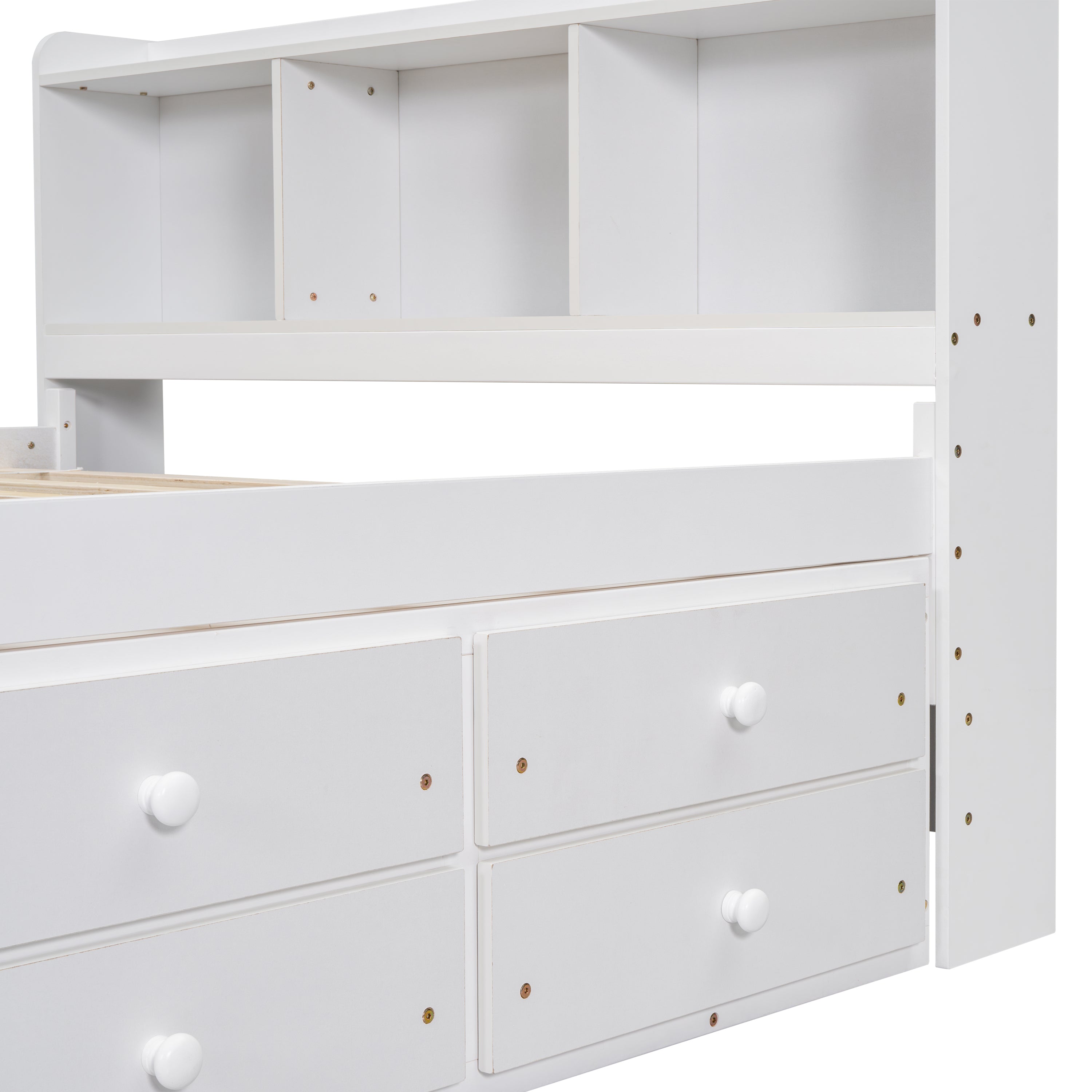 Full Bed with Bookcase Headboard, Under bed Storage Drawers and Bed End Storage Case,White