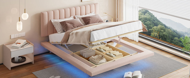 Upholstered Floating Hydrualic Platform Bed With LED Light And USB Port