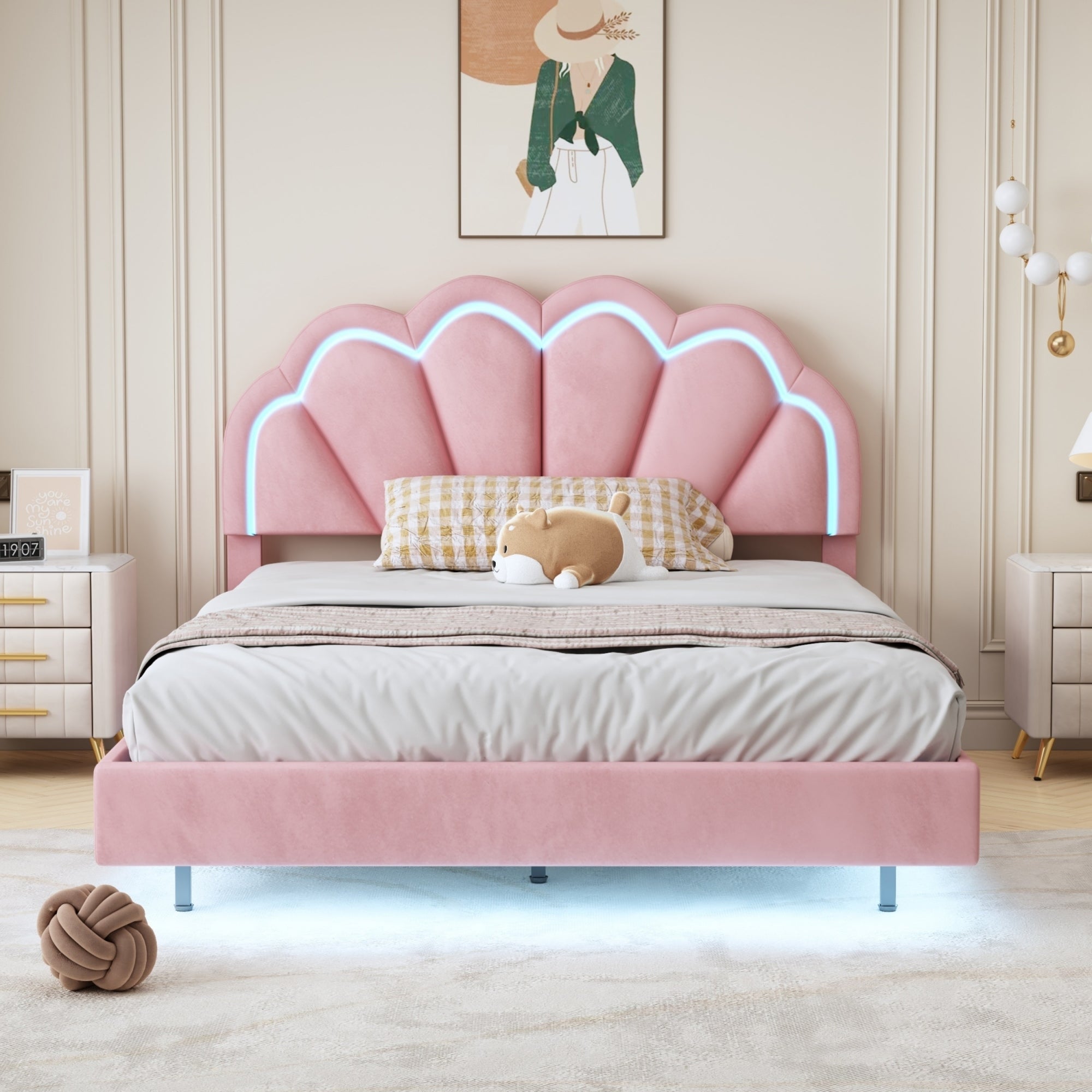Full Upholstered Smart LED Bed Frame with Elegant Flowers Headboard,Floating Velvet Platform LED Bed with Wooden Slats Support,Pink - Atlantic Fine Furniture Melbourne FL