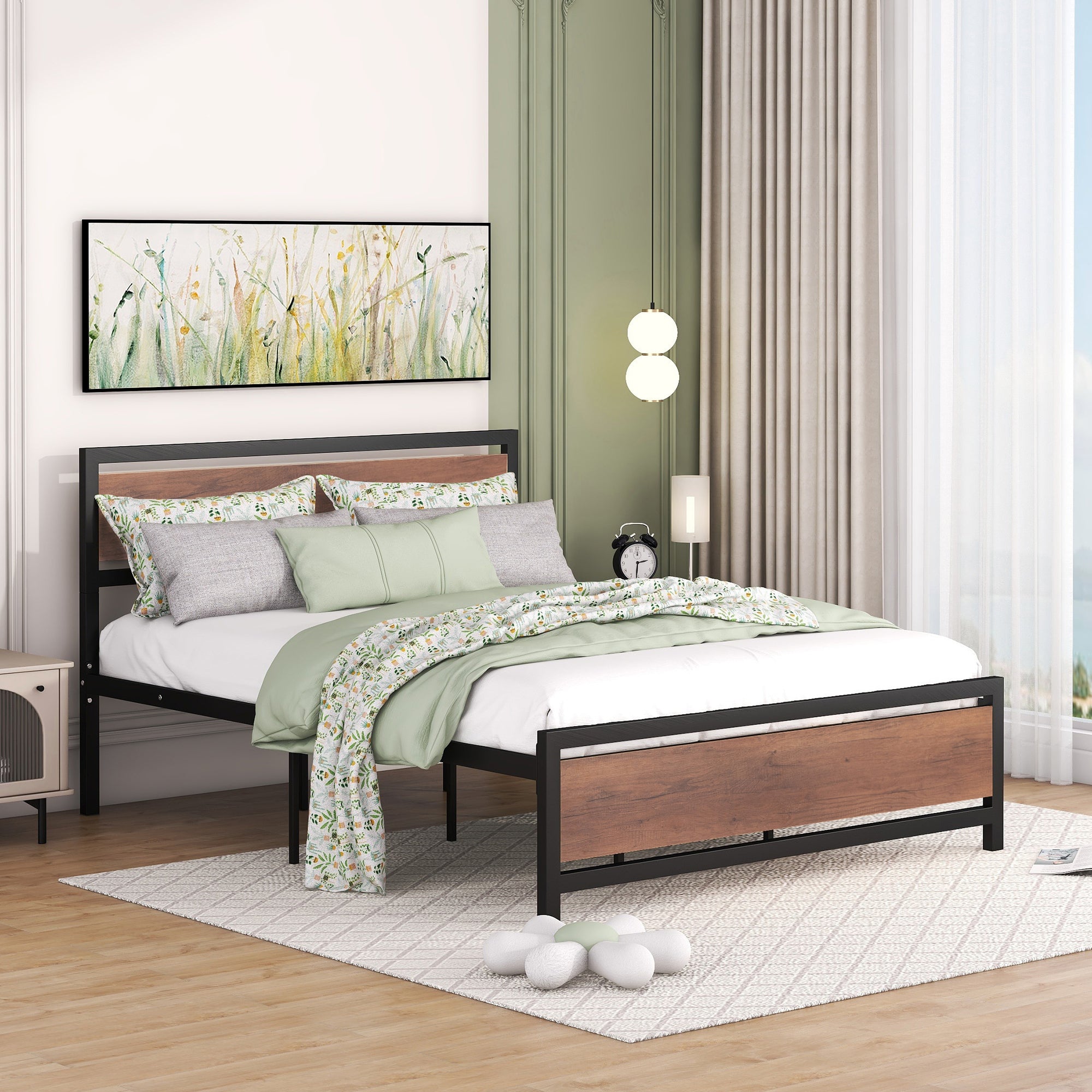 Queen Size Platform Bed, Metal and Wood Bed Frame with Headboard and Footboard , Black - Atlantic Fine Furniture Melbourne FL