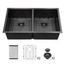 Double Bowl Undermount Kitchen Sink 16 Gauge 33" X 19" With Dual 10" Deep Basins - Gunmetal Black