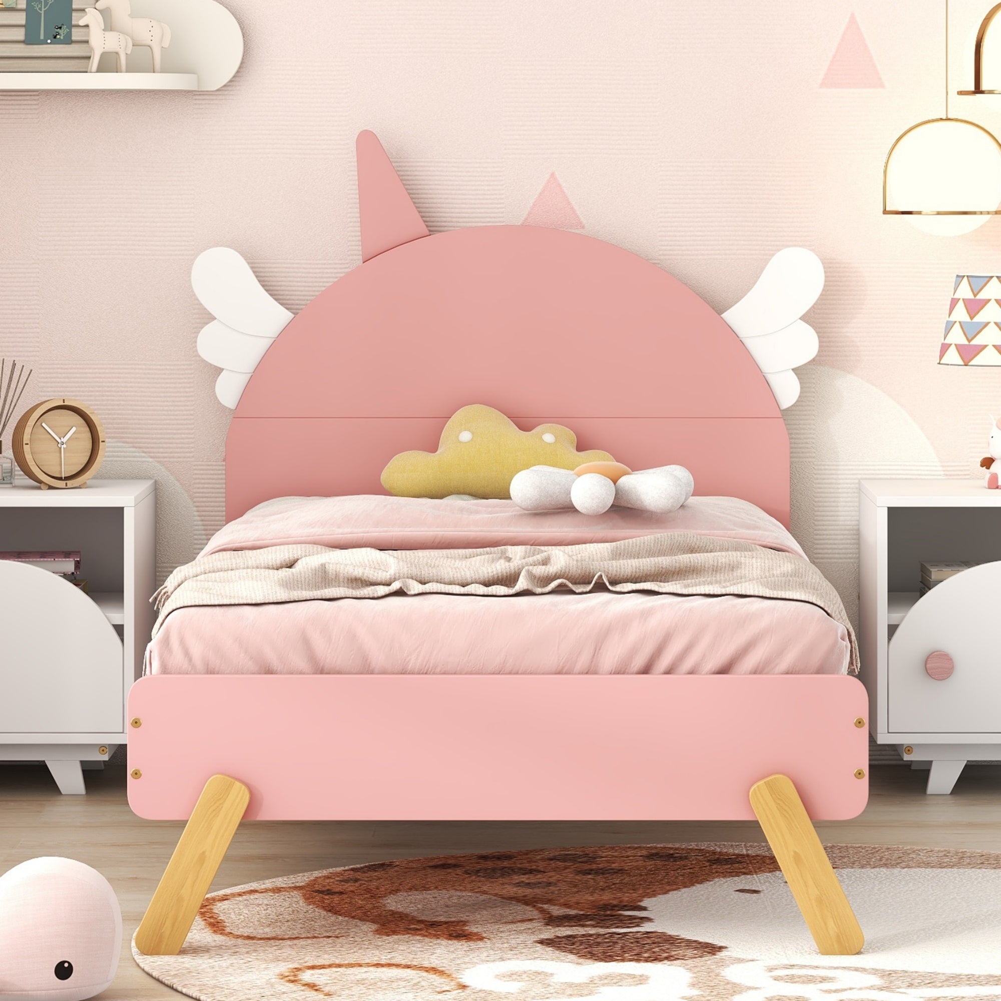 Wooden Cute Bed With Unicorn Shape Headboard,Twin Size Platform Bed,Pink - Atlantic Fine Furniture Melbourne FL