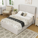 King Size Luxurious Corduroy Upholstered Bed Frame With Vertical Stripe Wingback Headboard And High Footboard - Light Gray