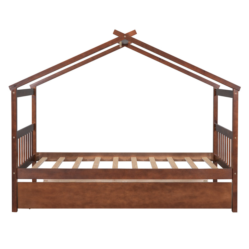 Twin Size Wooden House Bed with Twin Size Trundle, Walnut