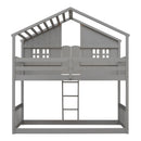 Twin over Twin House Bunk Bed with Roof , Window, Window  Box, Door , with Safety Guardrails and Ladder, Grey