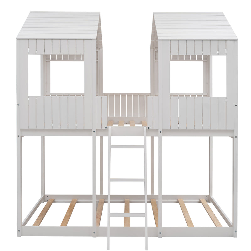 Full Over Full WoodBunk Bed with Roof, Window, Guardrail, Ladder(White)( old sku: LT000031AAK )