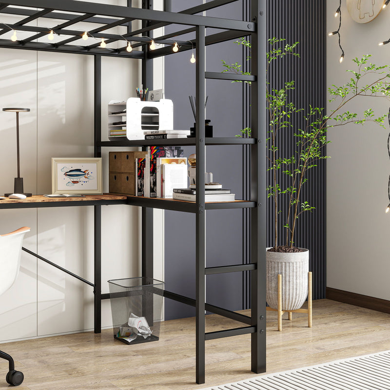 Space Saving Twin Size Loft Bed With L Shaped Desk, Shelves, Charging Station, Led Lights - Brown