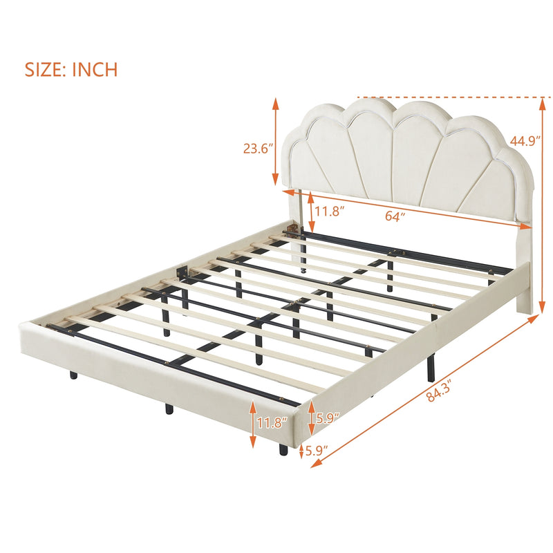 Queen Upholstered Smart LED Bed Frame with Elegant Flowers Headboard,Floating Velvet Platform LED Bed with Wooden Slats Support,Beige
