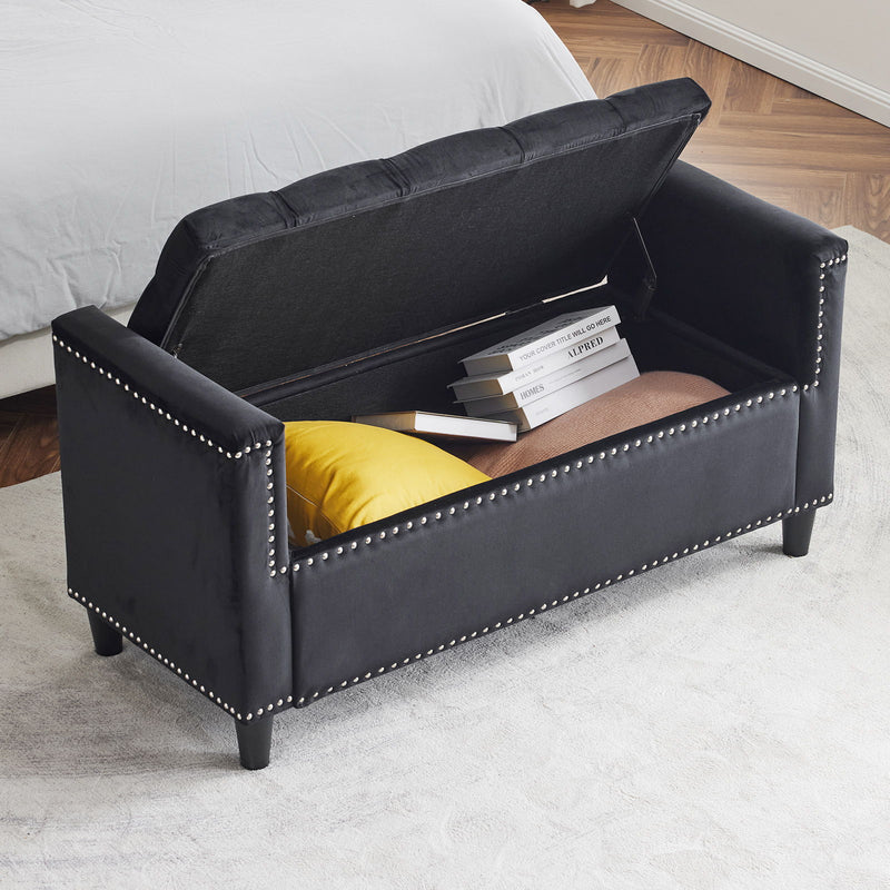 Storage Bench, 44.5" Velvet Button Bedside Bench, Entryway Living Room With Armrests, Nailhead Trim, Upholstered Bedroom Bench, Bedside Ottoman, Living Room, Entryway