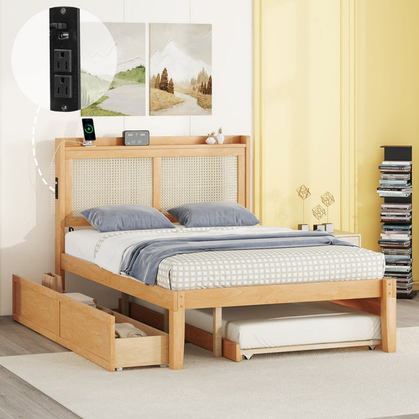 Full Size Elegant Bed Frame with Rattan Headboard and Sockets ,Walnut