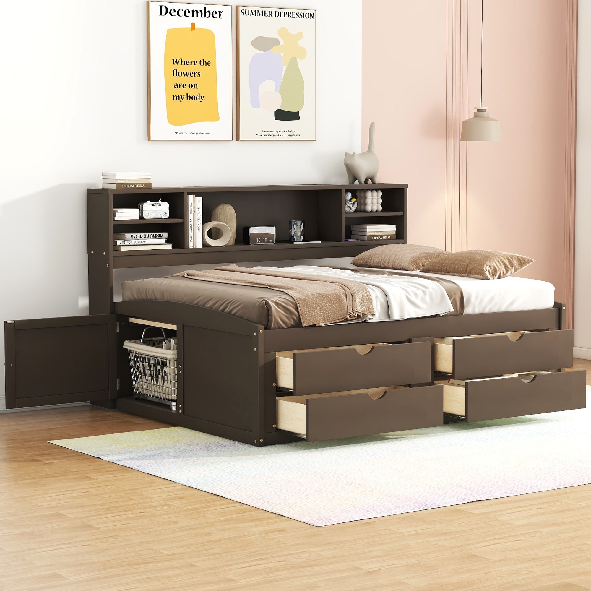 Full Size Wood Daybed with 2 Bedside Cabinets, Upper Shelves and 4 Drawers, Antique Brown - Atlantic Fine Furniture Melbourne FL