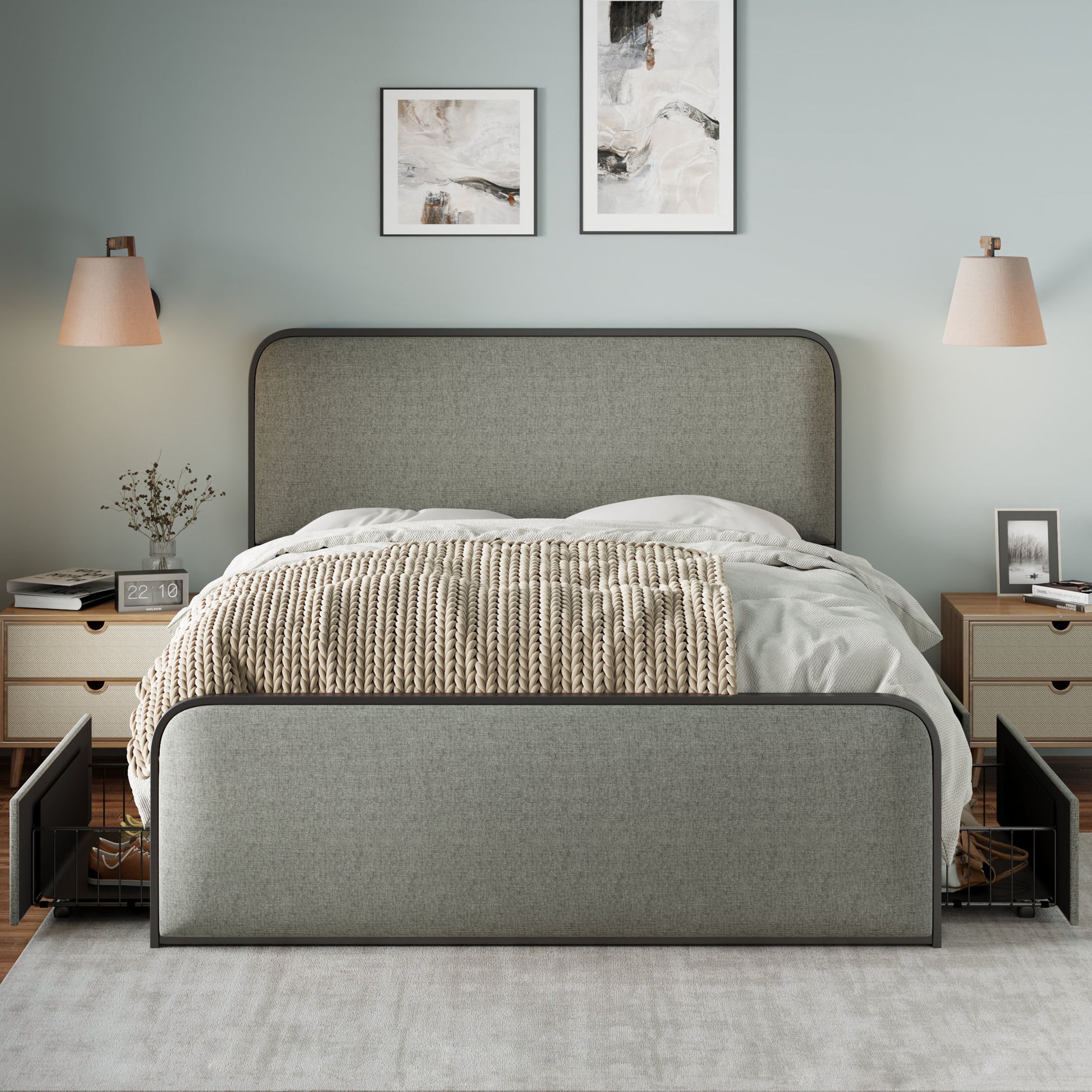 Modern Metal Bed Frame with Curved Upholstered Headboard and Footboard Bed with 4 Storage Drawers, Heavy Duty Metal Slats, Full Size, Grey - Atlantic Fine Furniture Melbourne FL