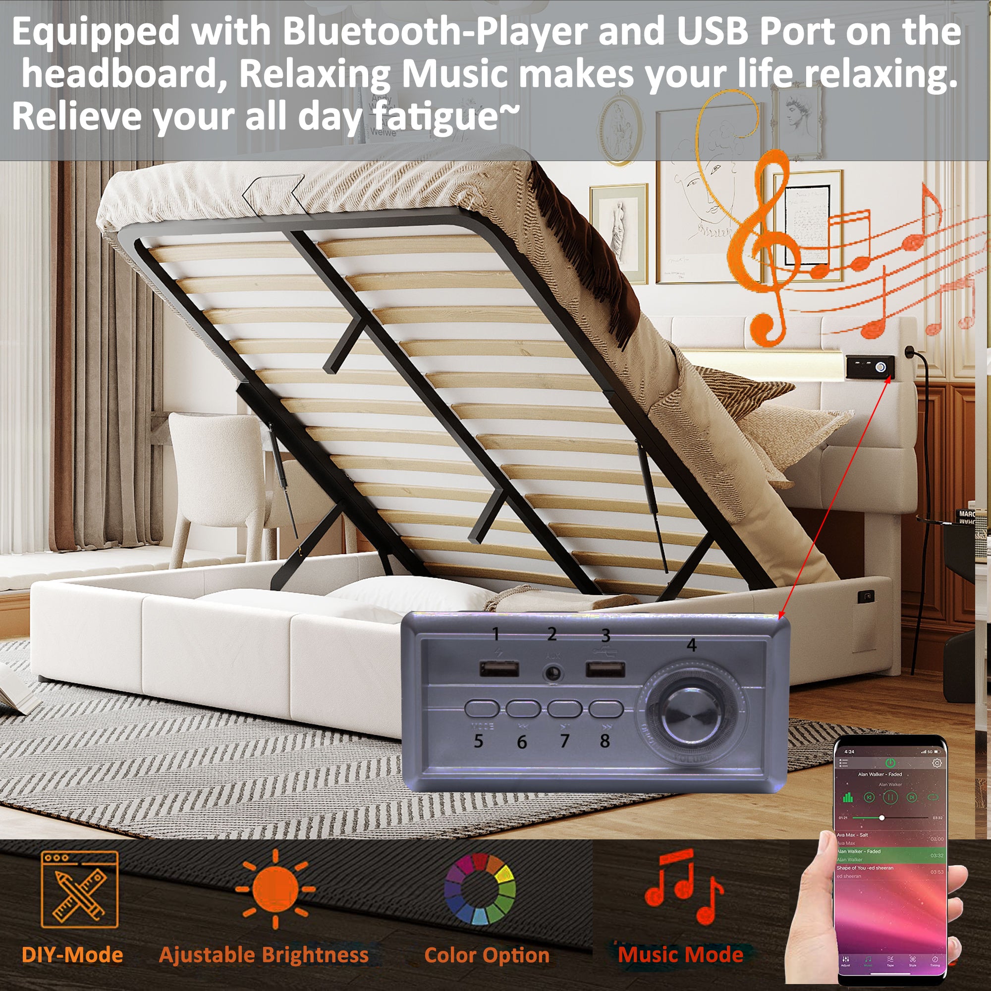 Queen Size Upholstered Bed with LED Light and Integrated Bluetooth Audio System, Modern Platform Bed with Hydraulic Storage System and USB Port, Velvet , Beige - Atlantic Fine Furniture Melbourne FL