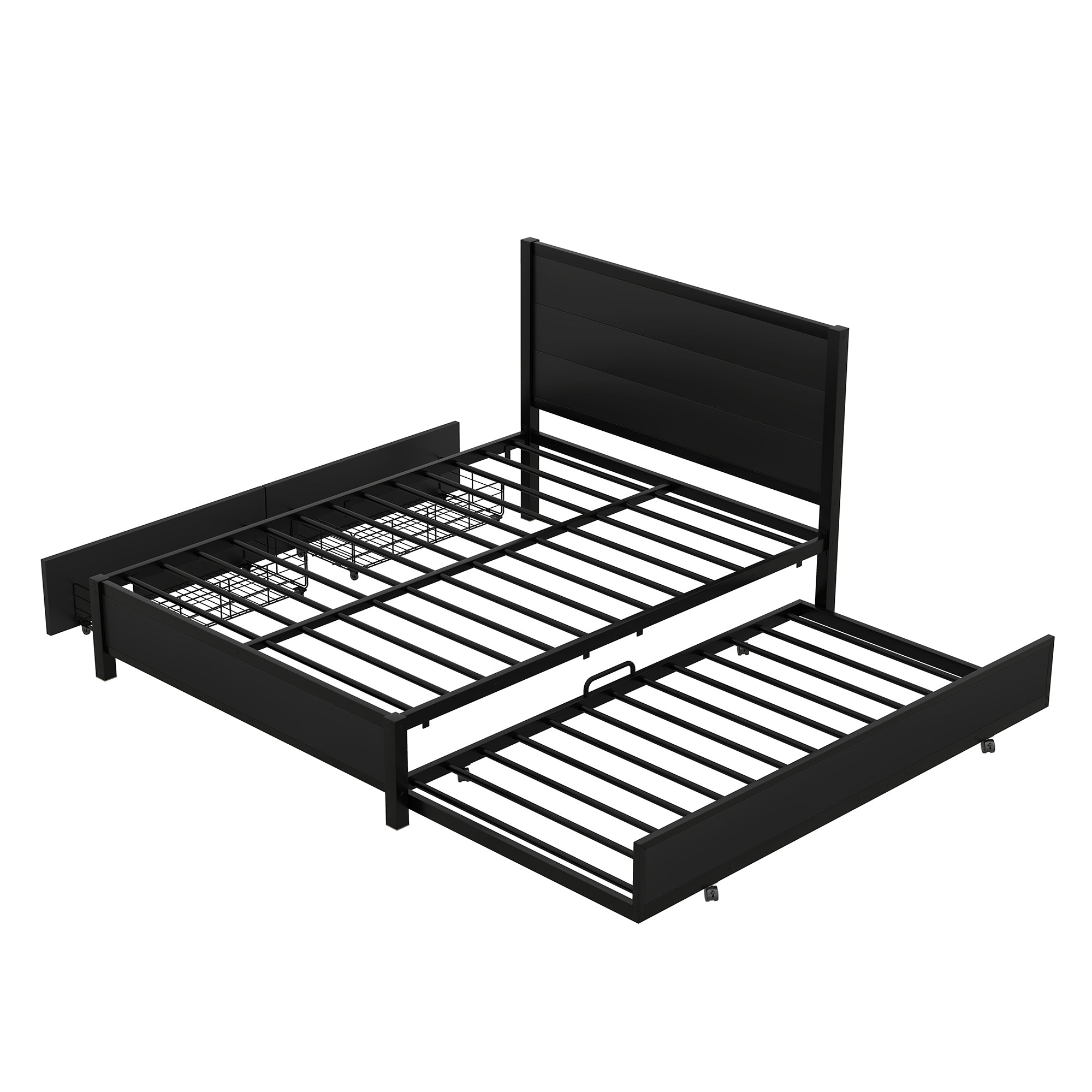 Metal Full Size Storage Platform Bed with Twin Size Trundle and 2 Drawers, Black