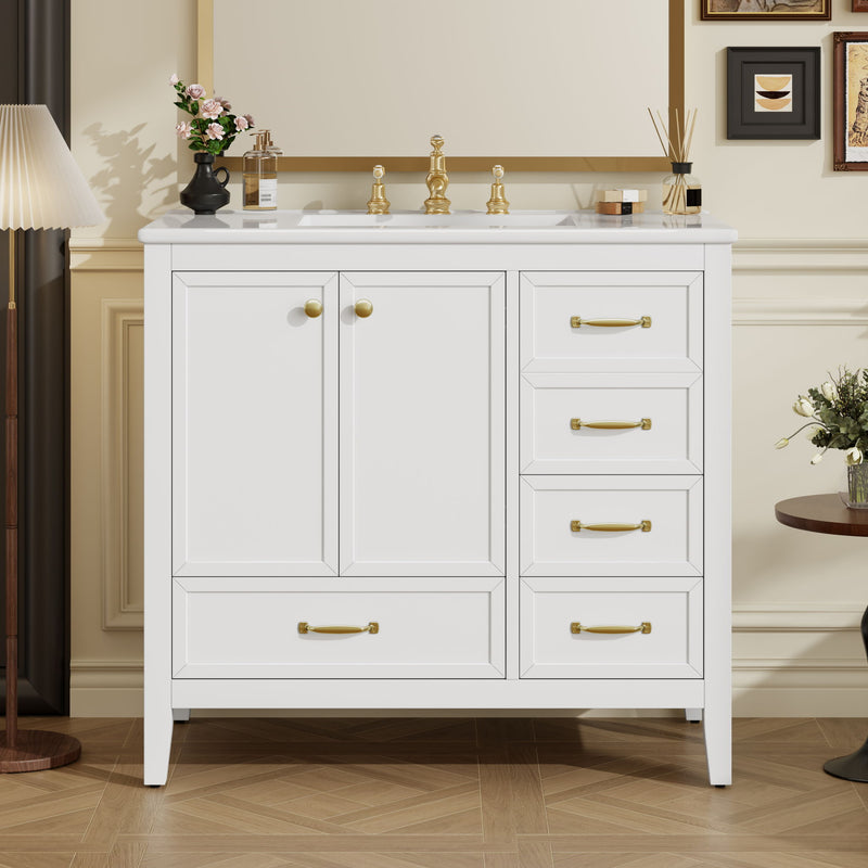Elegant Vintage Bathroom Vanity With Sink And Soft Closing Door, 4 Drawers Of Different Sizes Frame