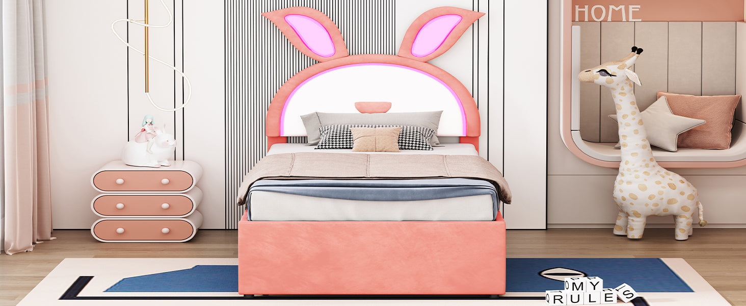 Twin Size Upholstered Platform Bed with Trundle and 3 Drawers, Rabbit-Shaped Headboard with Embedded LED Lights, Pink - Atlantic Fine Furniture Melbourne FL