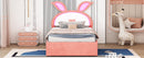 Twin Size Upholstered Platform Bed with Trundle and 3 Drawers, Rabbit-Shaped Headboard with Embedded LED Lights, Pink