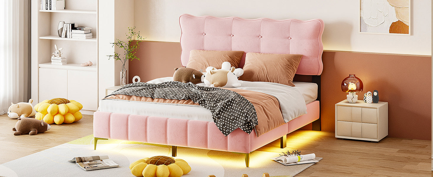 Queen Size Velvet Platform Bed with LED Frame and Stylish Mental Bed Legs, Pink - Atlantic Fine Furniture Melbourne FL