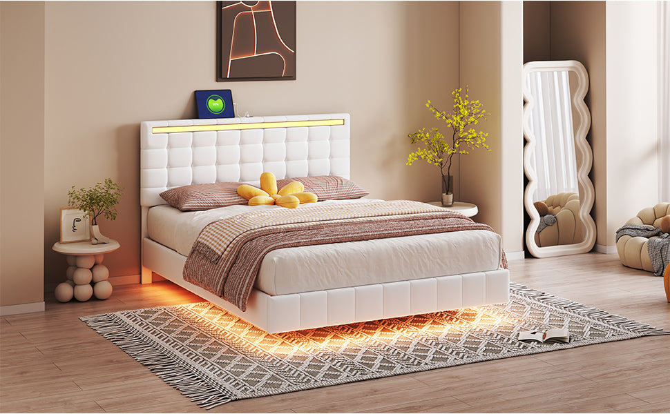 Queen Size Floating Bed Frame with LED Lights and USB Charging,Modern Upholstered Platform LED Bed Frame,White - Atlantic Fine Furniture Melbourne FL