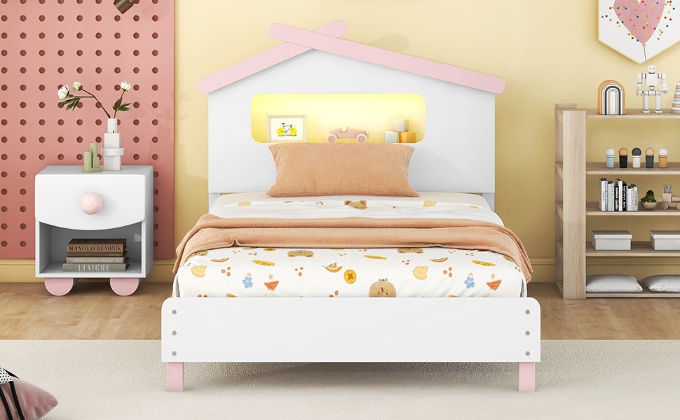 Twin Size Wood Platform Bed with House-shaped Headboard and Motion Activated Night Lights (White+Pink) - Atlantic Fine Furniture Melbourne FL