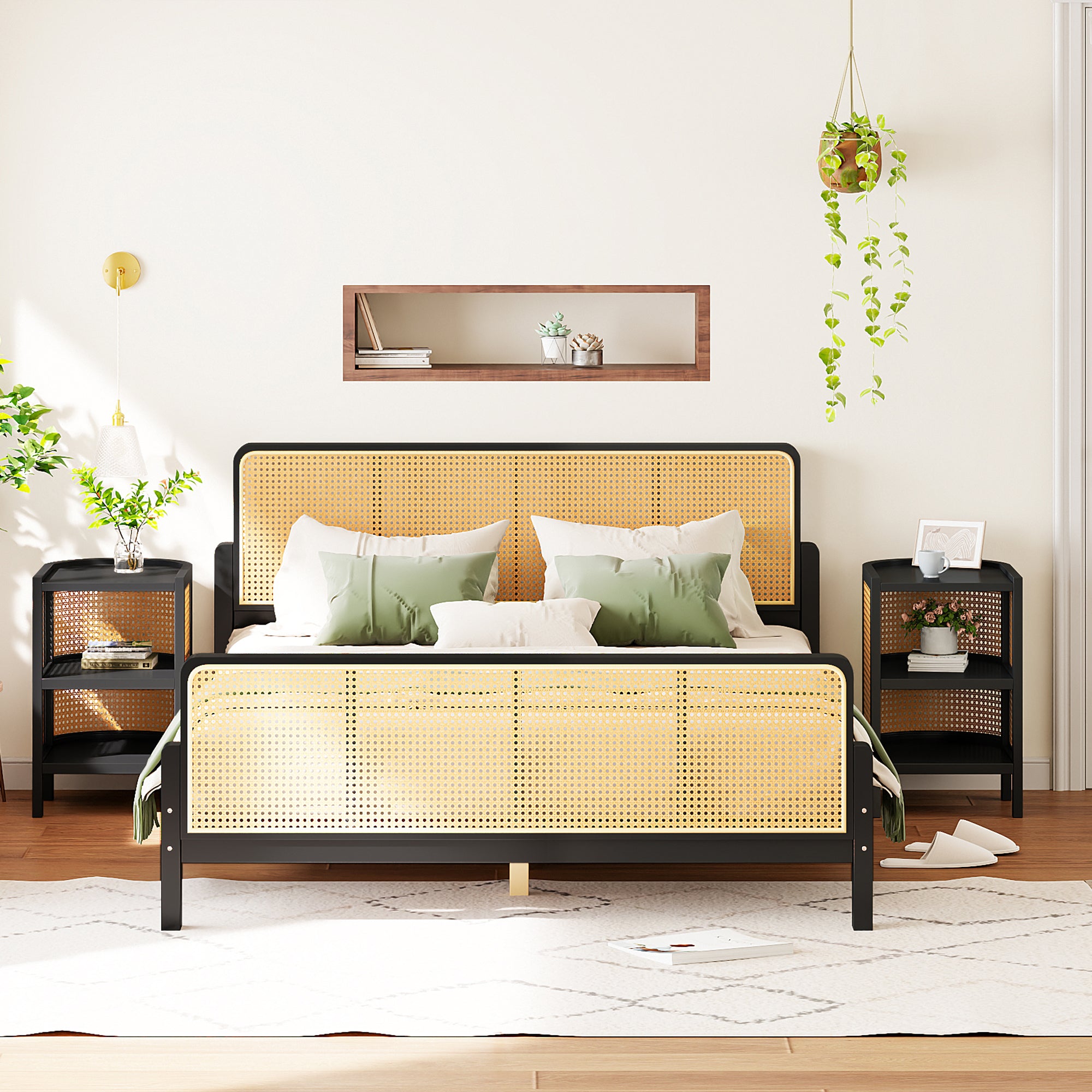 3 Pieces Rattan Platform Full Size Bed With 2 Nightstands,Espresso - Atlantic Fine Furniture Melbourne FL
