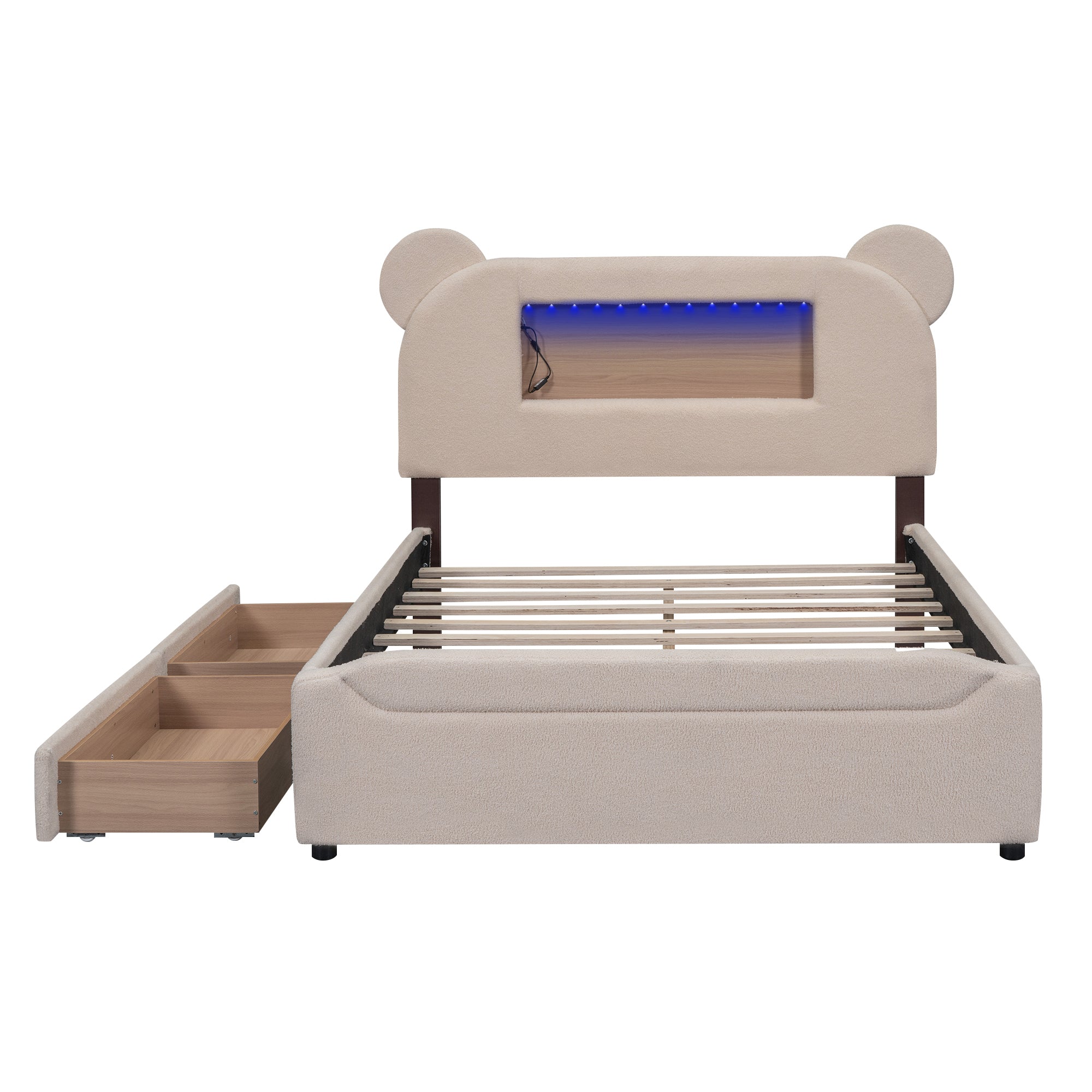 Full Size Upholstered Storage Platform Bed with Cartoon Ears Shaped Headboard, LED and USB, Beige - Atlantic Fine Furniture Melbourne FL