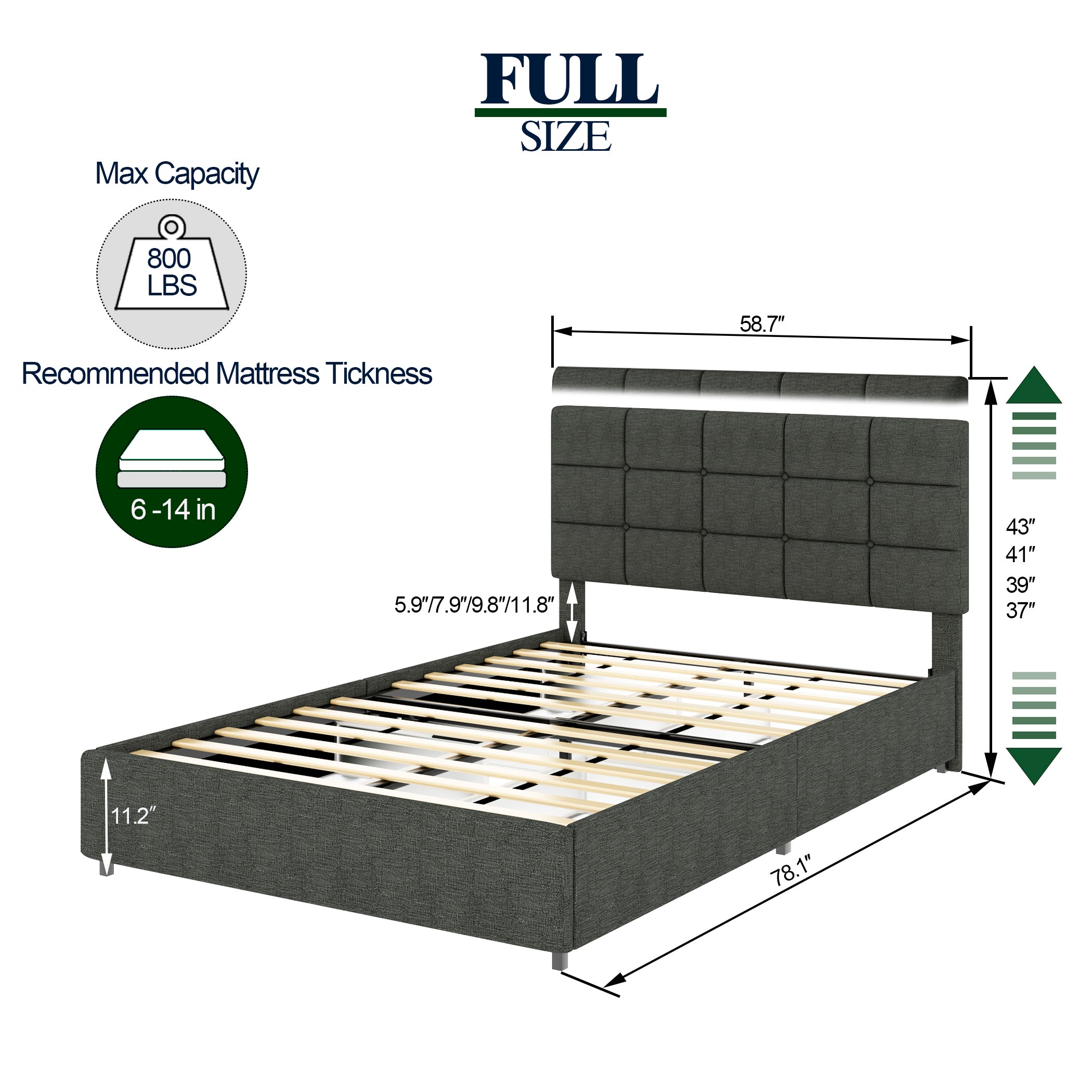 Vera Full Size Gray Linen Upholstered Platform Bed with Patented 4 Drawers Storage, Square Stitched Button Tufted Headboard, Wooden Slat Mattress Support No Box Spring Required - Atlantic Fine Furniture Melbourne FL