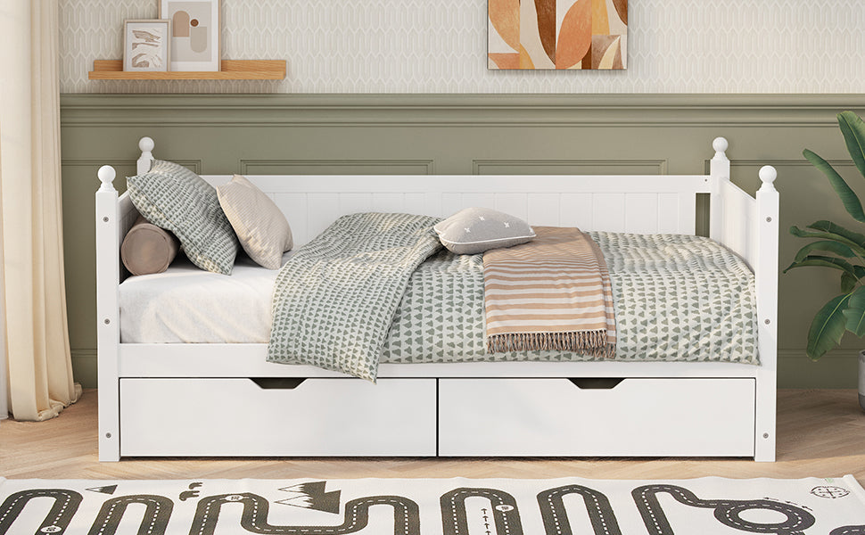 Twin Size Solid Wood Daybed with 2 drawers for Limited Space Kids, Teens, Adults, No Need Box Spring, White - Atlantic Fine Furniture Melbourne FL