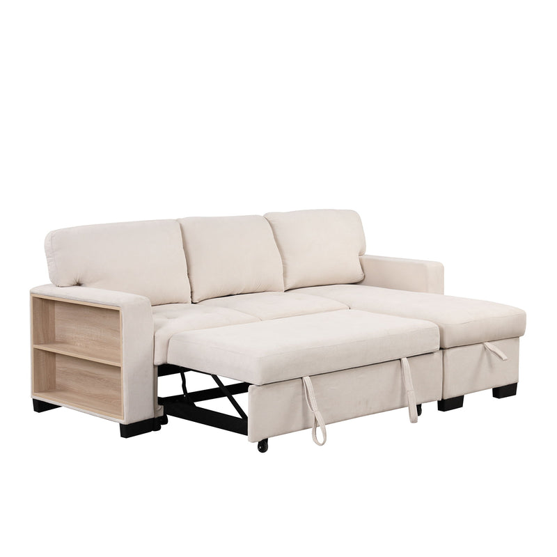 Stylish And Functional Light Chaise Lounge Sectional With Storage Rack Pull-Out Bed Drop Down Table And USB Charger