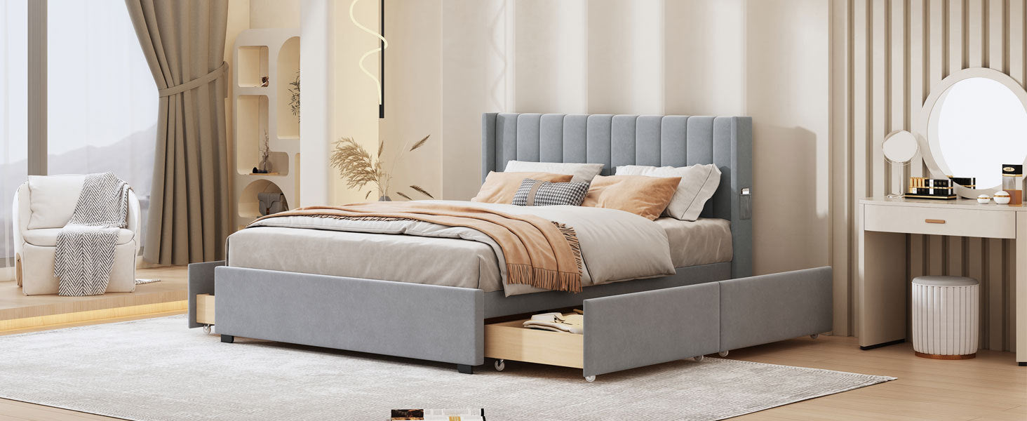 Queen Size Upholstered Bed with 4 Drawers, Gray - Atlantic Fine Furniture Melbourne FL