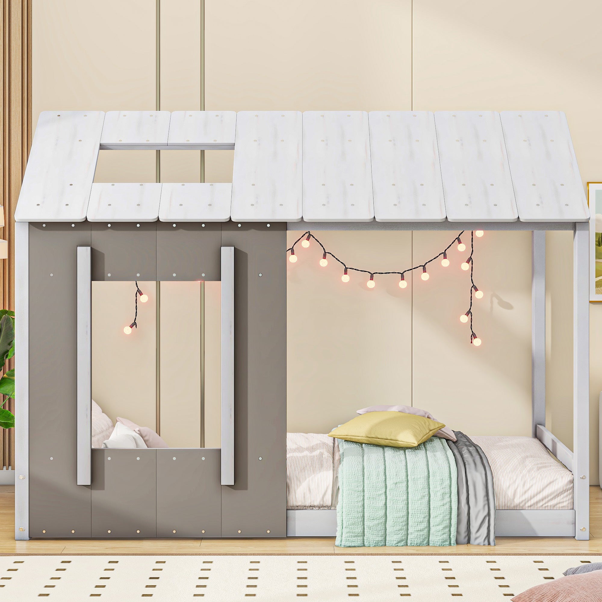 Twin Size House Platform with Roof and Window, White+Antique Grey(Old SKU: WF294130AAE) - Atlantic Fine Furniture Melbourne FL