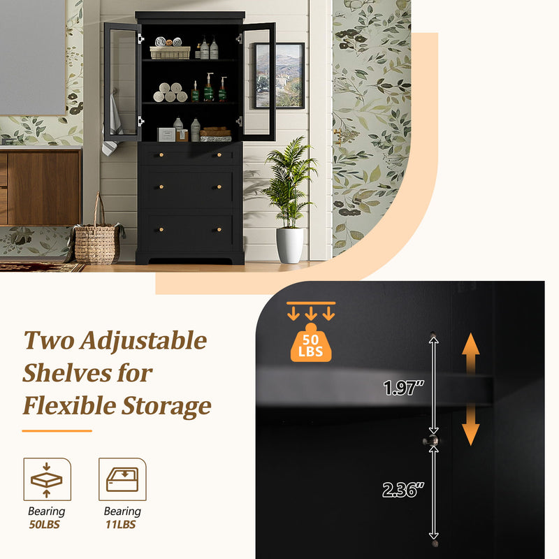 Freestanding Tall Bathroom Cabinet With Adjustable Shelves, Drawers, Soft Close Glass Doors - Black