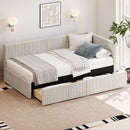L-Shape Corner Bed, Corduroy Upholstered Daybed With 2 Storage Drawers And Vertical Striped Design
