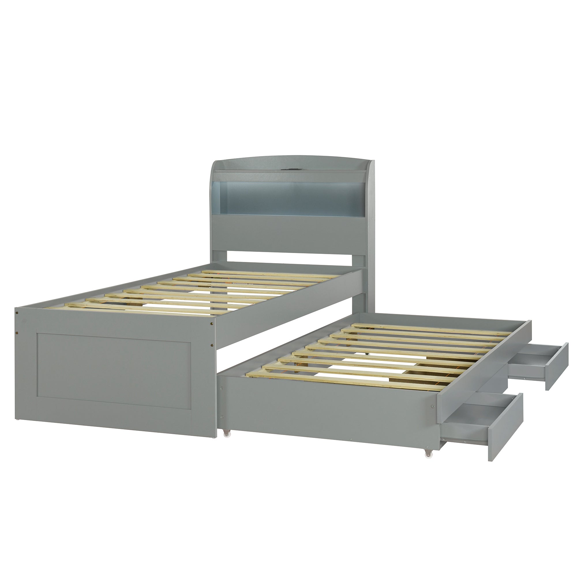 Twin XL Size Platform Bed with Storage LED Headboard, Charging Station, Twin Size Trundle and 2 Drawers, Gray - Atlantic Fine Furniture Melbourne FL