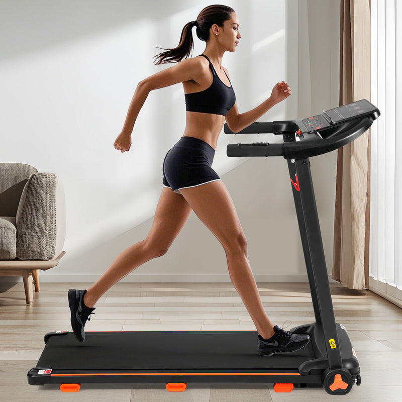 2.5Hp Quiet Folding Treadmill With Heart Rate Sensor, 300Lbs Weight Capacity, With USB Charge Station For Android & Bluetooth Speaker, 6 Shock Absorbing - Black