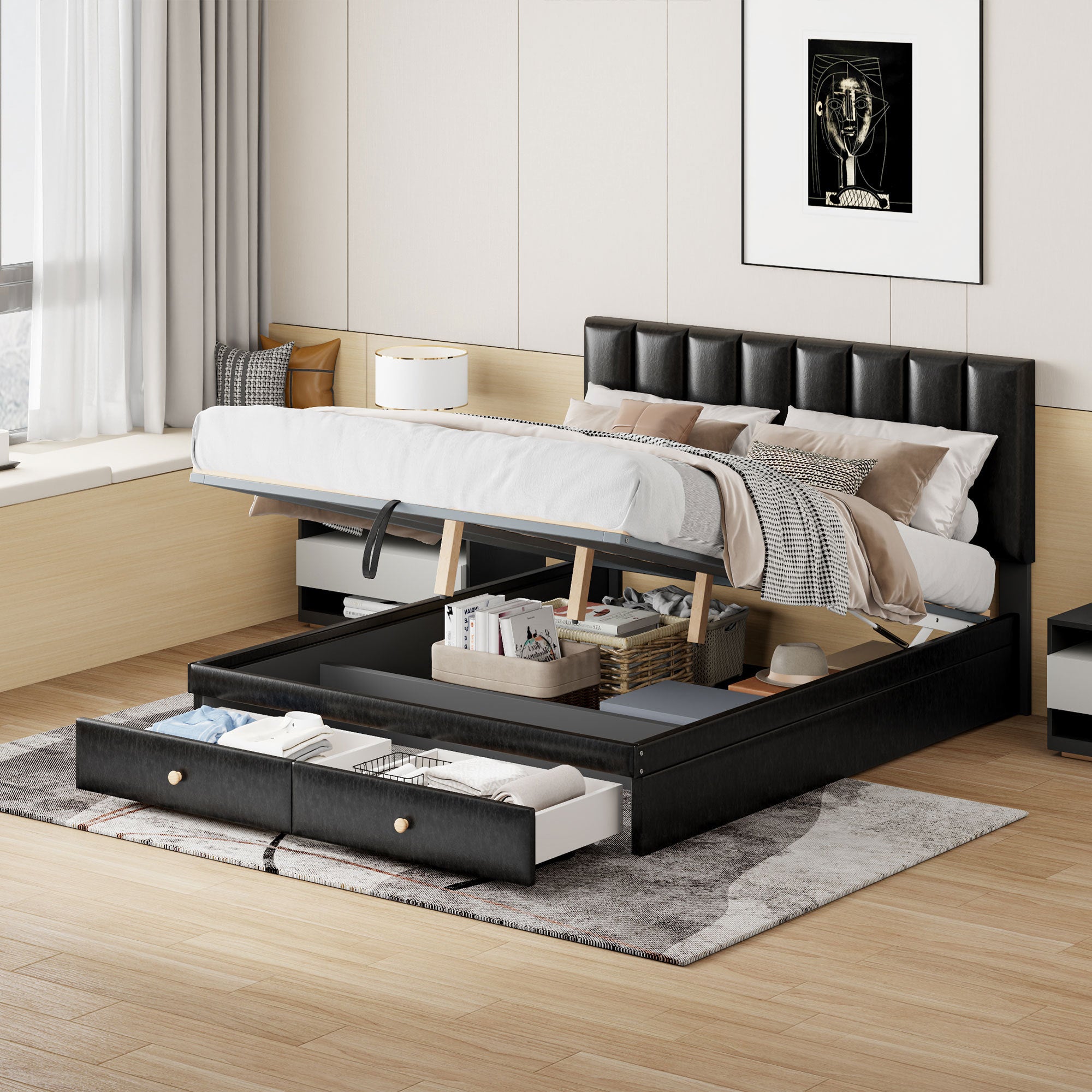 Queen Size Upholstered Bed with Hydraulic Storage System and Drawer, Black - Atlantic Fine Furniture Melbourne FL