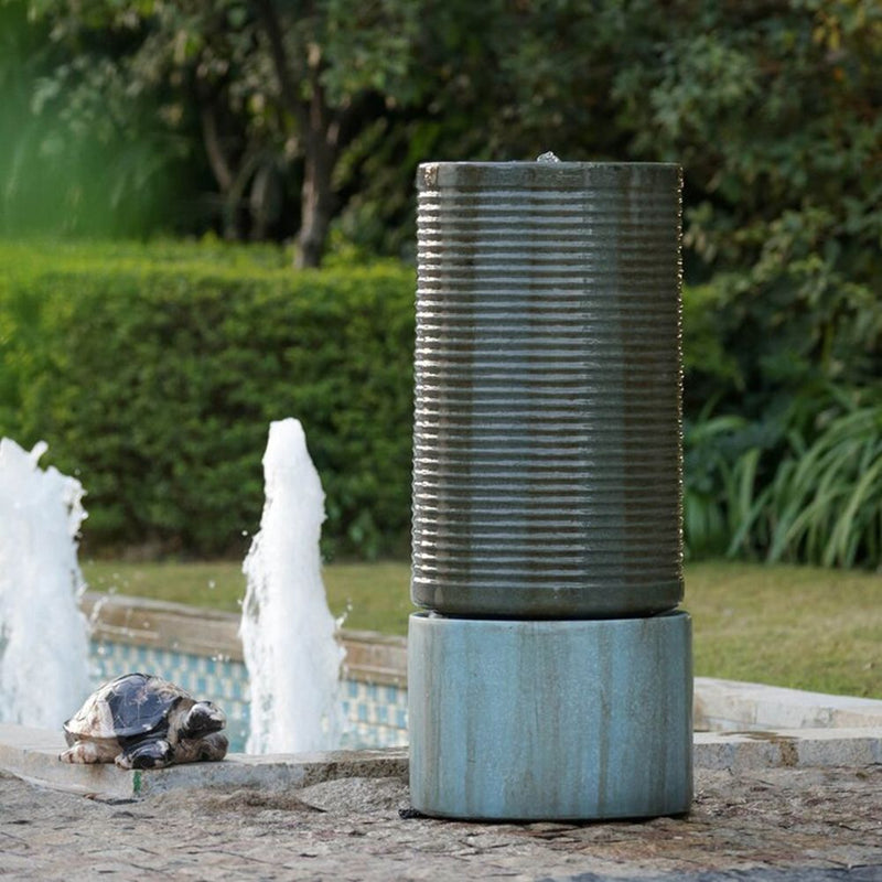 Tall Large Round Ribbed Tower Water Fountain, Verge Bronze, Cement Outdoor Bird Feeder / Bath Fountain