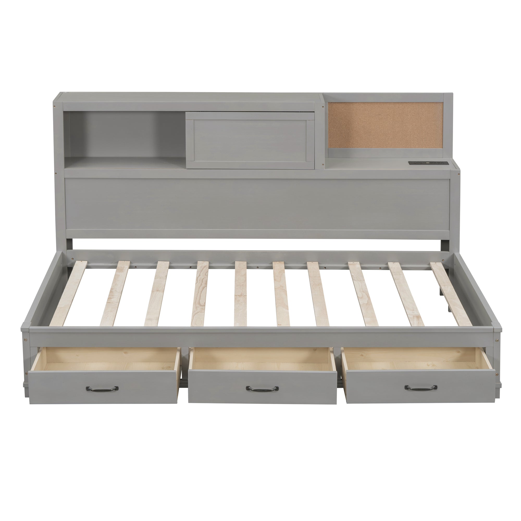 Twin Size Wooden Daybed with 3 Storage Drawers, Upper Soft Board, shelf, and a set of Sockets and USB Ports, Gray - Atlantic Fine Furniture Melbourne FL