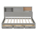 Twin Size Wooden Daybed with 3 Storage Drawers, Upper Soft Board, shelf, and a set of Sockets and USB Ports, Gray