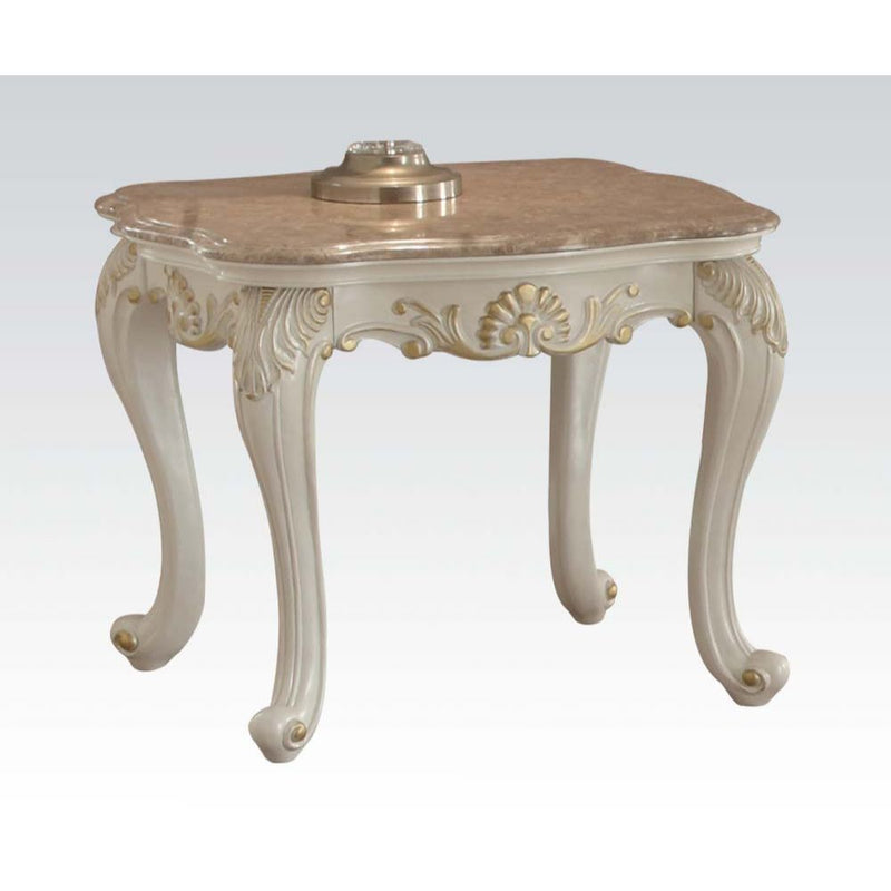 KD, Square End Table w/Marble Top • Curved Apron w/Scrolled Ornamental Details • Leg: Queen Anne w/Leaf Accent