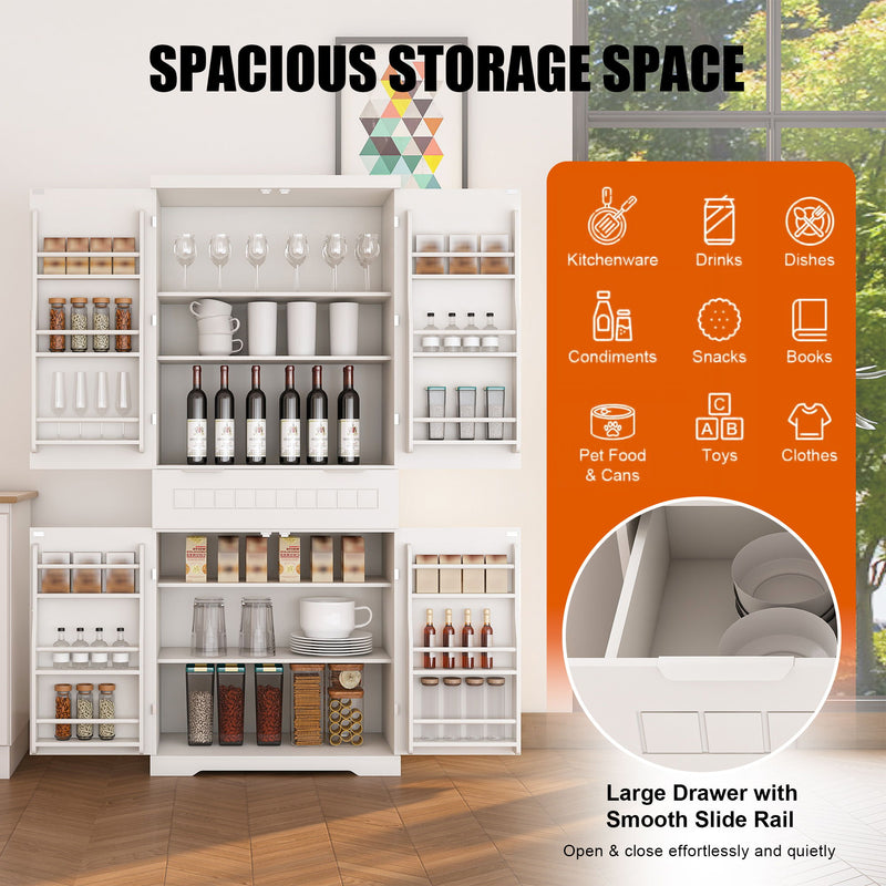 Farmhouse Style Pantry Cabinet With Drawer 2 Cabinets & 6 Door Shelves Adjustable Shelves Freestanding Cupboard - White