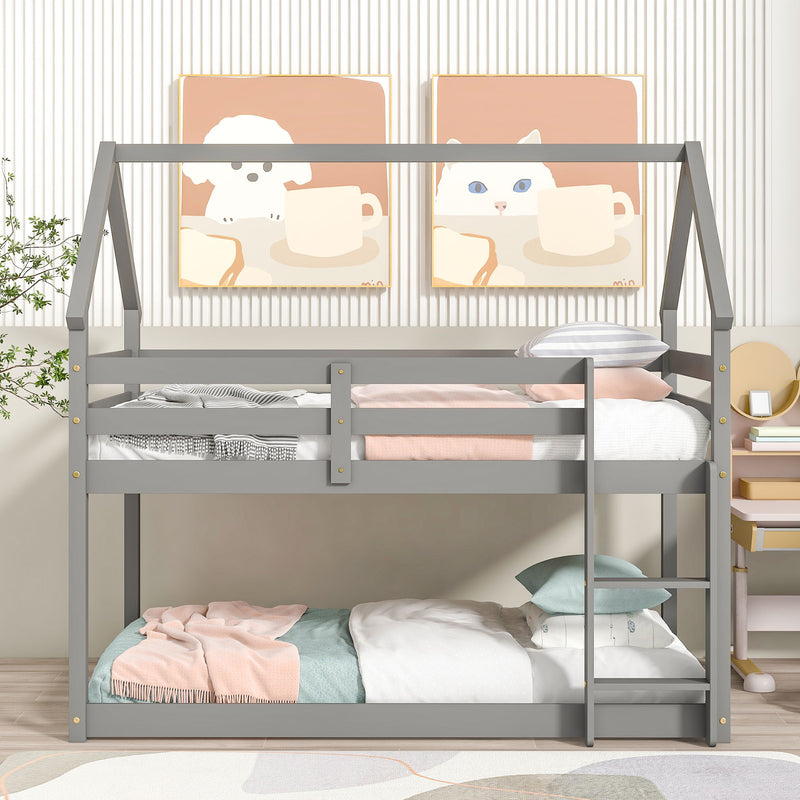 Twin Over Twin Loft Bed With Roof Design, Safety Guardrail, Ladder