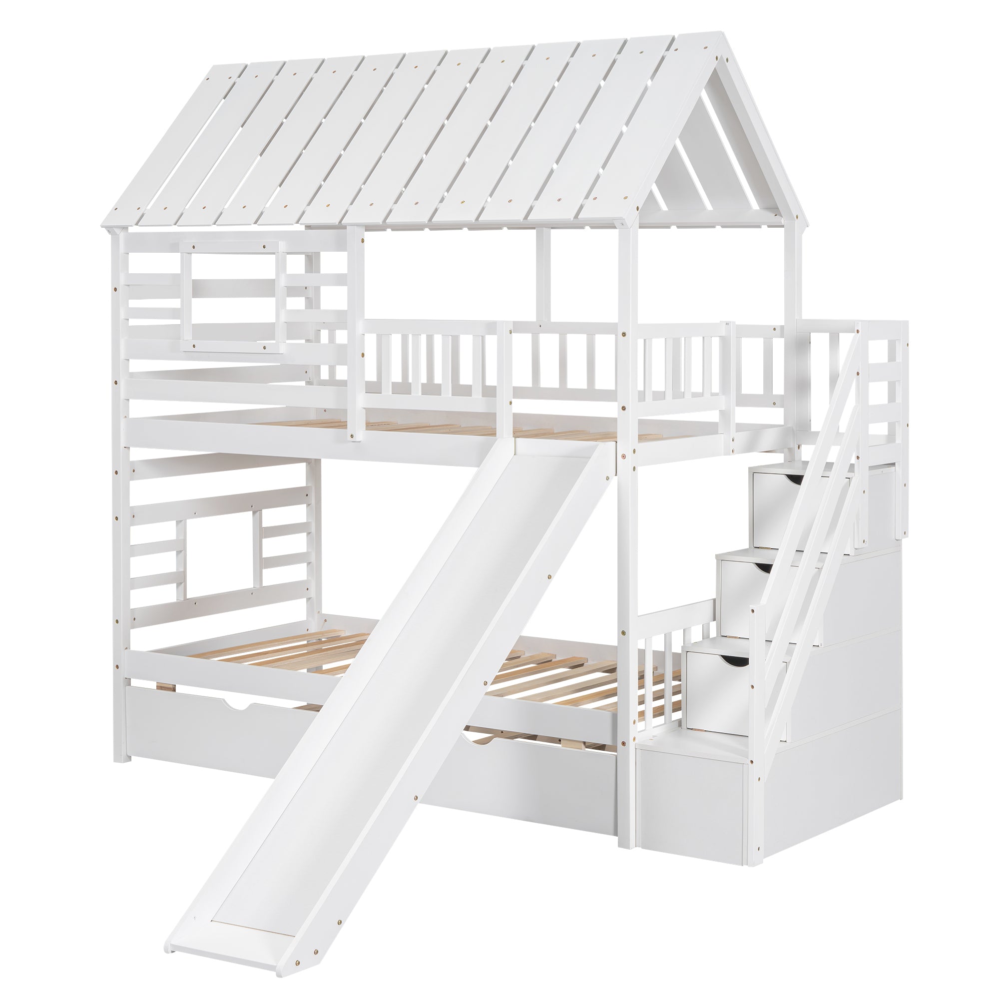 Twin over Twin House Bunk Bed with Trundle and Slide, Storage Staircase, Roof and Window Design, White(Old SKU: GX000931AAK) - Atlantic Fine Furniture Melbourne FL