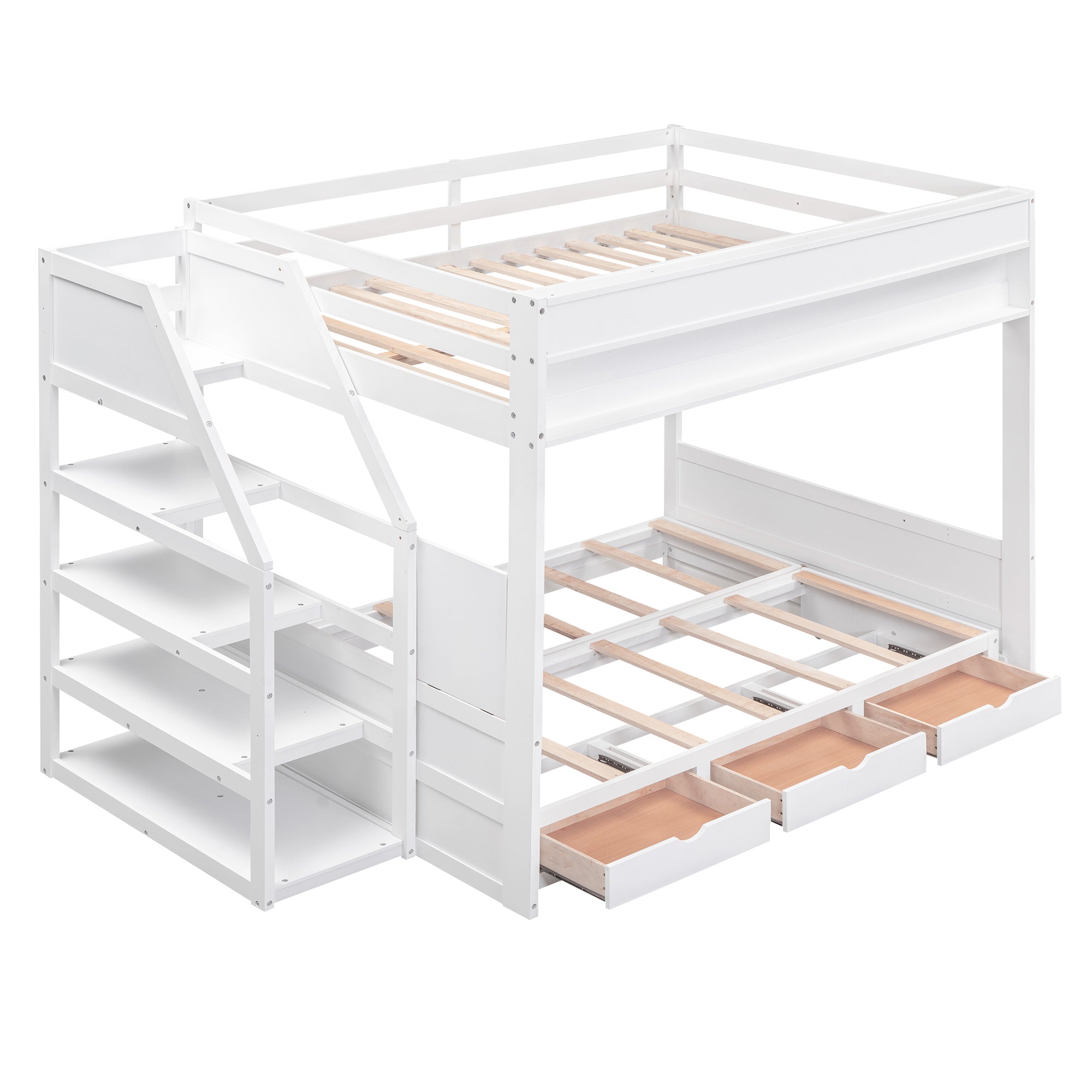 Wood Full Size Convertible Bunk Bed with Storage Staircase, Bedside Table, and 3 Drawers, White - Atlantic Fine Furniture Melbourne FL
